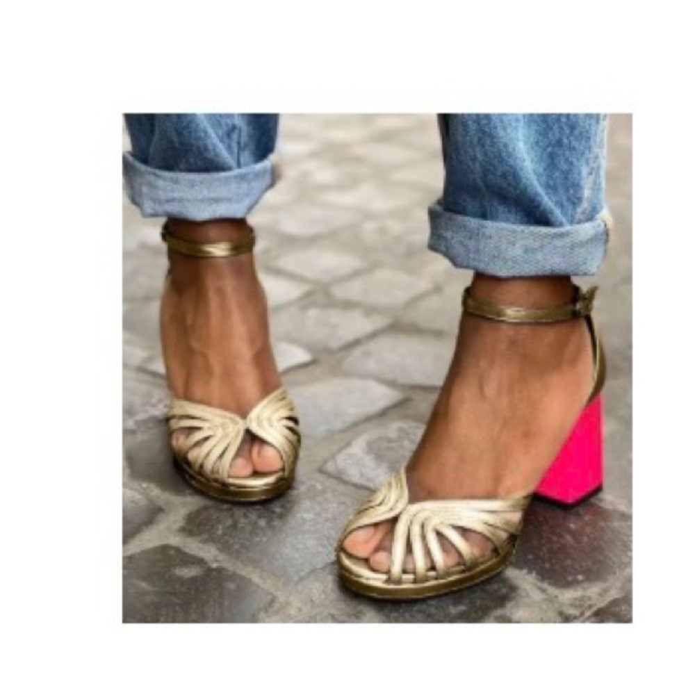 Gold and Pink Block Heel Sandals with Ankle Strap